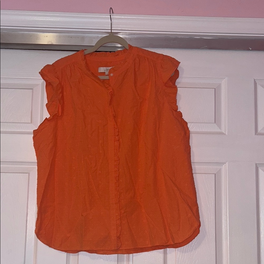 Vibrant Orange V-Neck Button Front Sleeveless Blouse with Ruffled Collar